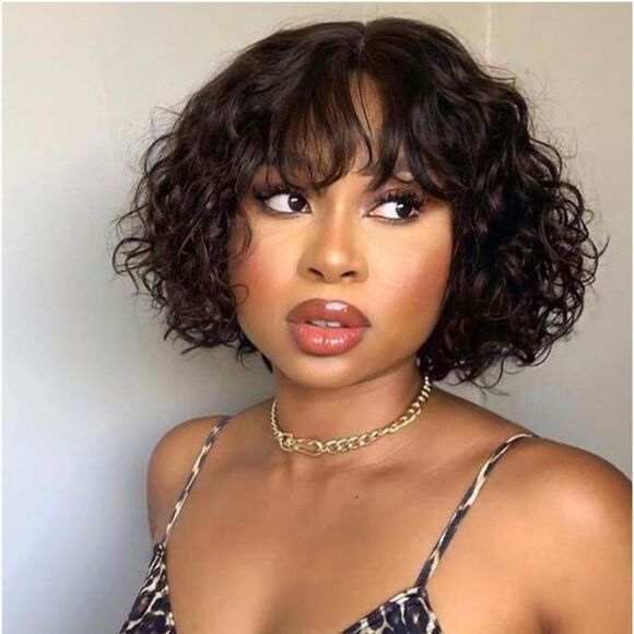 Luvme Hair Short Cut Loose Curl Bob Closure Wig With Wispy Bangs 8 inches - Picture 1 of 10